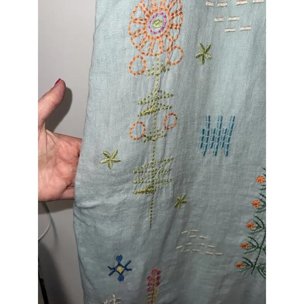 Johnny Was Biya Elektra Dress Embroidered Floral Linen Button Front Sz M Blue - Picture 9 of 11